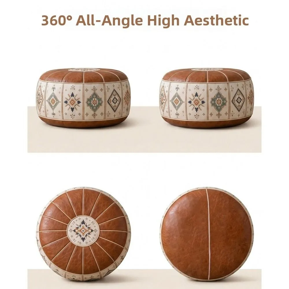 Boho Pattern Ottoman Pouf PU Leather Fillable Design Storage Ottoman Water Resistant Large Opening Floor Seat Cushion