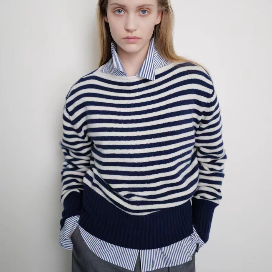 

Вязаный свитер в полоску, повседневный бот irt, осень 2021, длинный свек, круглый, Ne, стандартной длины, женский F...