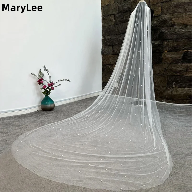 Pearls Long Wedding Veils with Comb One-Layer Soft Net Pearl Bridal Veil Ivory Cathedral Wedding Veil 3m*1.5m Bride Accessories