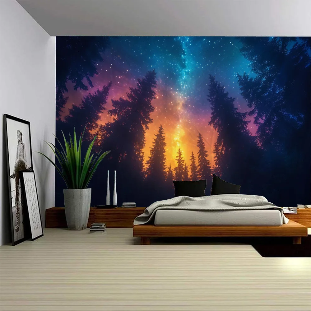 

Forest night view tapestry, moon, starry sky, home wall hanging cloth, Bohemia, fantasy, living room, bedroom, wall decoration