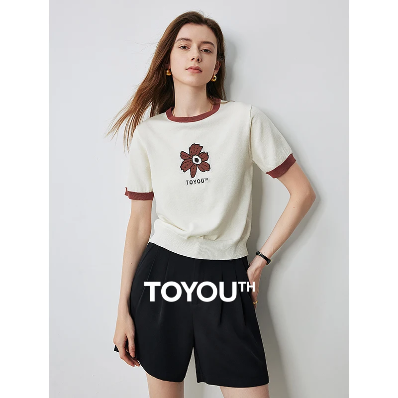 TOYOUTH Women Contrasting Colors Knitwear 2024 Summer New Ice Refreshing Silk T-shirt