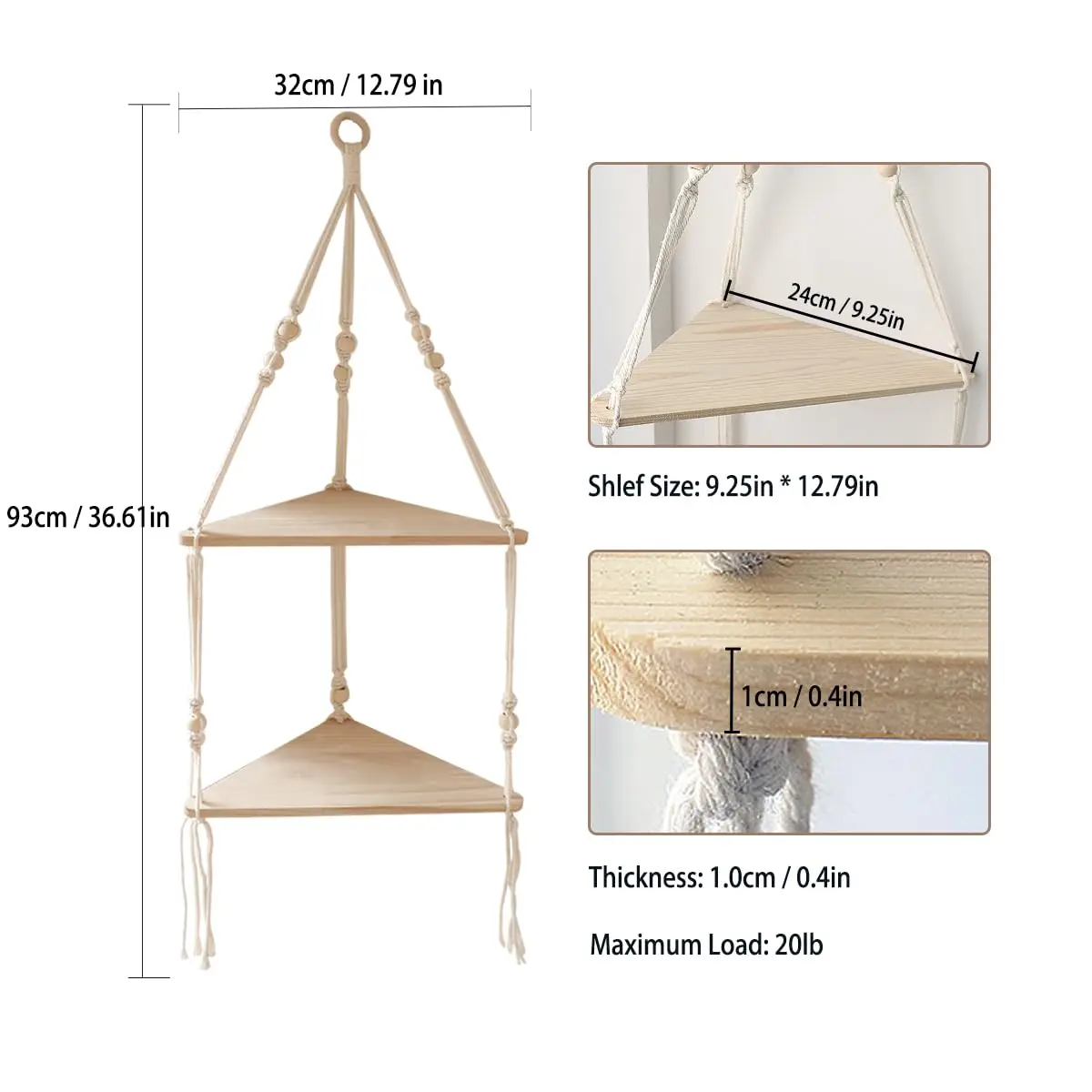 Makramee-Wandregal zum Aufhängen, schwebendes Wandregal, Boho-Heimdekoration, Regale, Wand, Holzdekoration für Schlafzimmer, Wohnzimmer, Kinderzimmer, Geschenk – Detail 15