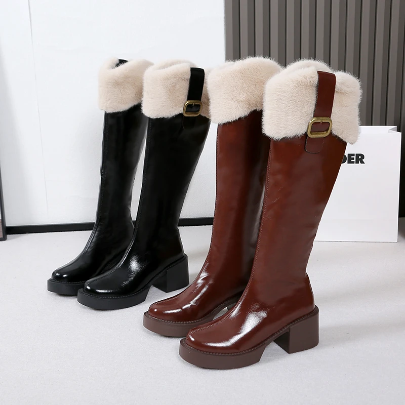 Winter Knee High Brown Long Boots Comfort Square Heel Zip Belt Buckle Platform Boots for Women  Plush Edge Warm Gothic Shoes