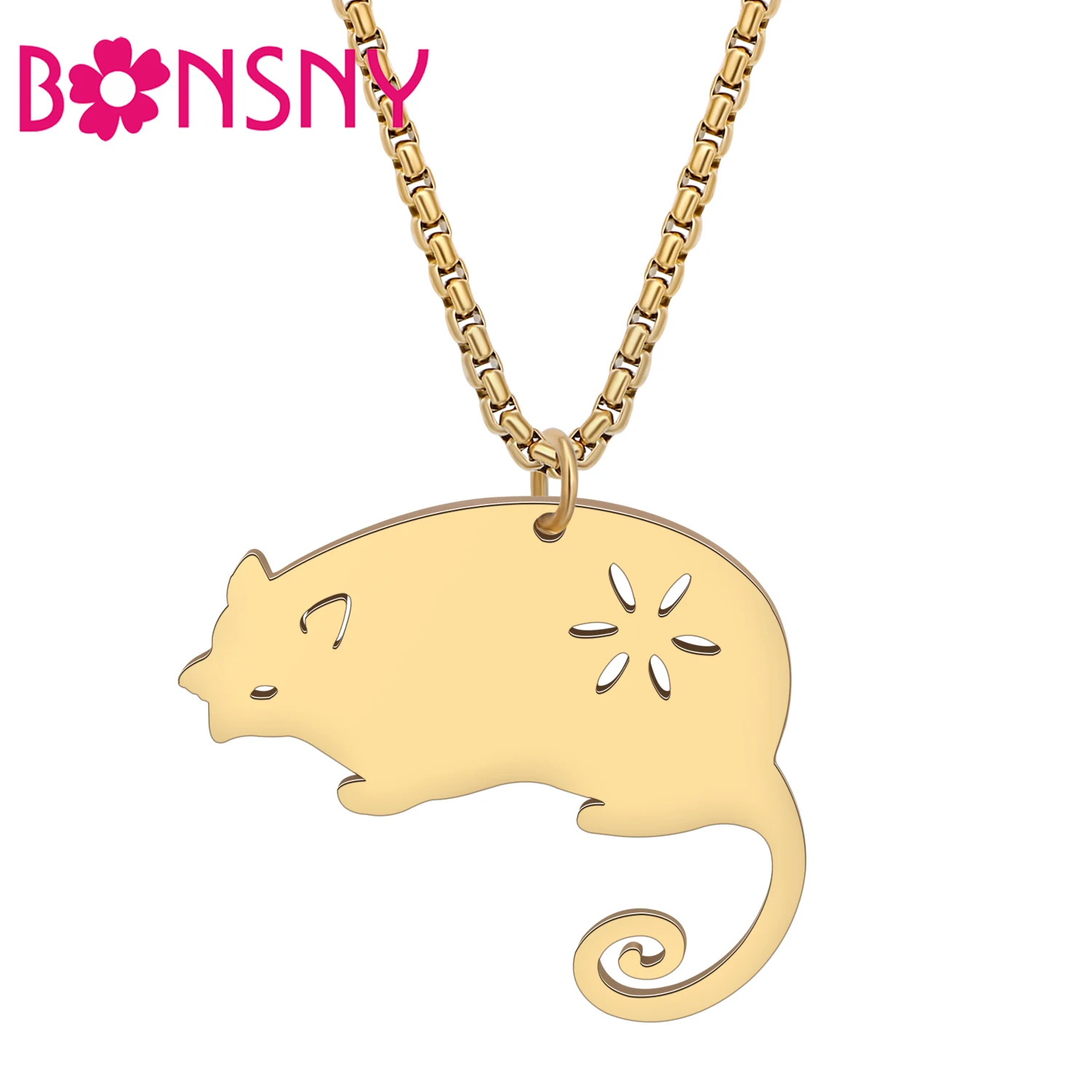 BONSNY Stainless Steel Adorable Opossum Necklace Pendant For Women Girls Plated Silver Gold Animals Jewelry Gifts Charms