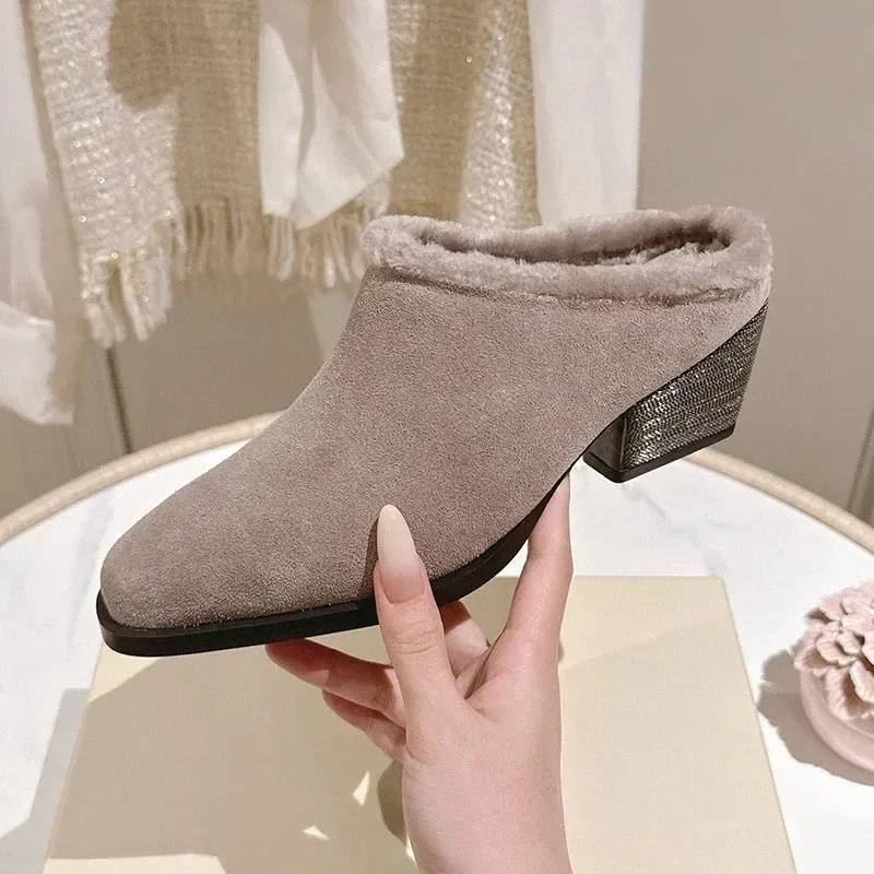 

Женские полутапочки на массивном высоком каблуке с закрытым носком, замшевые сабо для ленивых, женская зимняя уличная обувь для отдыха, Zapatos De Mujer, мода