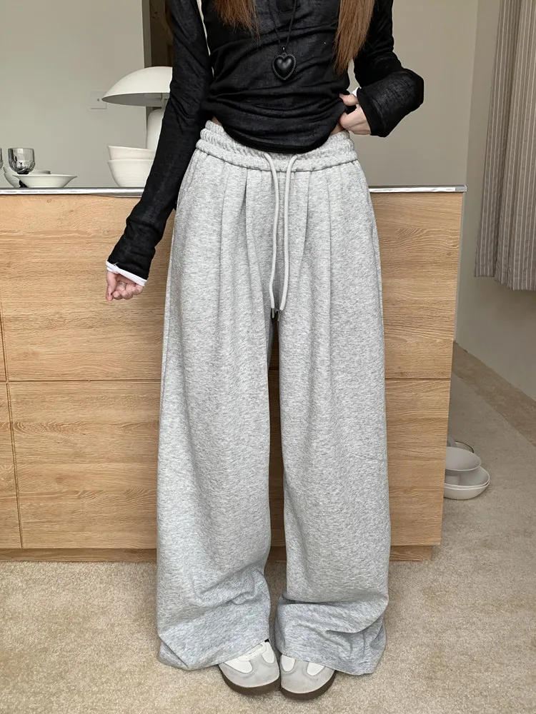 Autumn and winter drawstring elastic high waisted casual wide leg pants for women