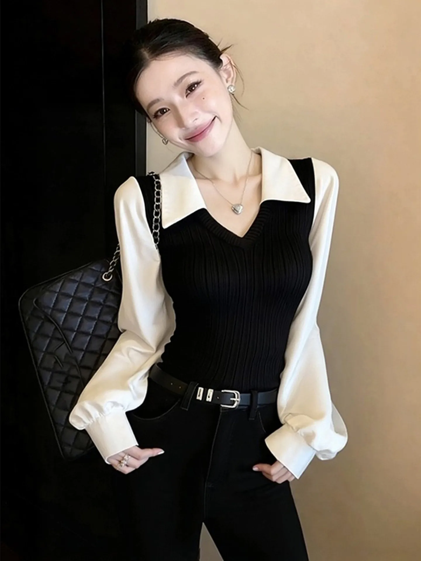 

Корейская женская вязаная кофта с V-образным вырезом, повседневная, весенняя, новая, свободного кроя, с длинными рукавами, в стиле колор-блок, с воротником