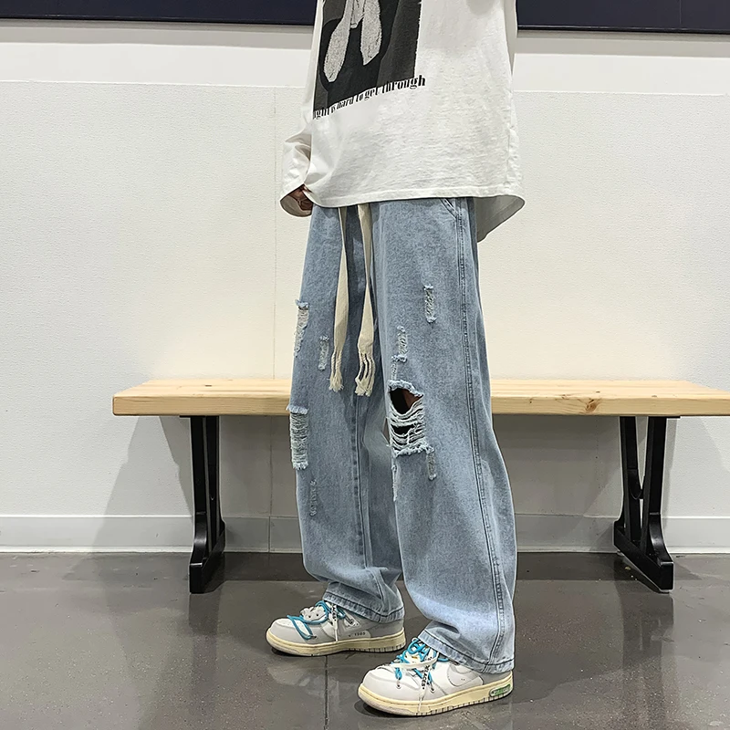 

Men's Summer Fashionable Wide Leg Loose Straight Jeans American High Street Casual Elastic Waist Nine Points Pants