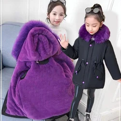 New Big Size Teen-agers Winter Girls Jacket Fur Collar Lining With Velvet Hooded Thick Coat For Kids Children Birthday Present