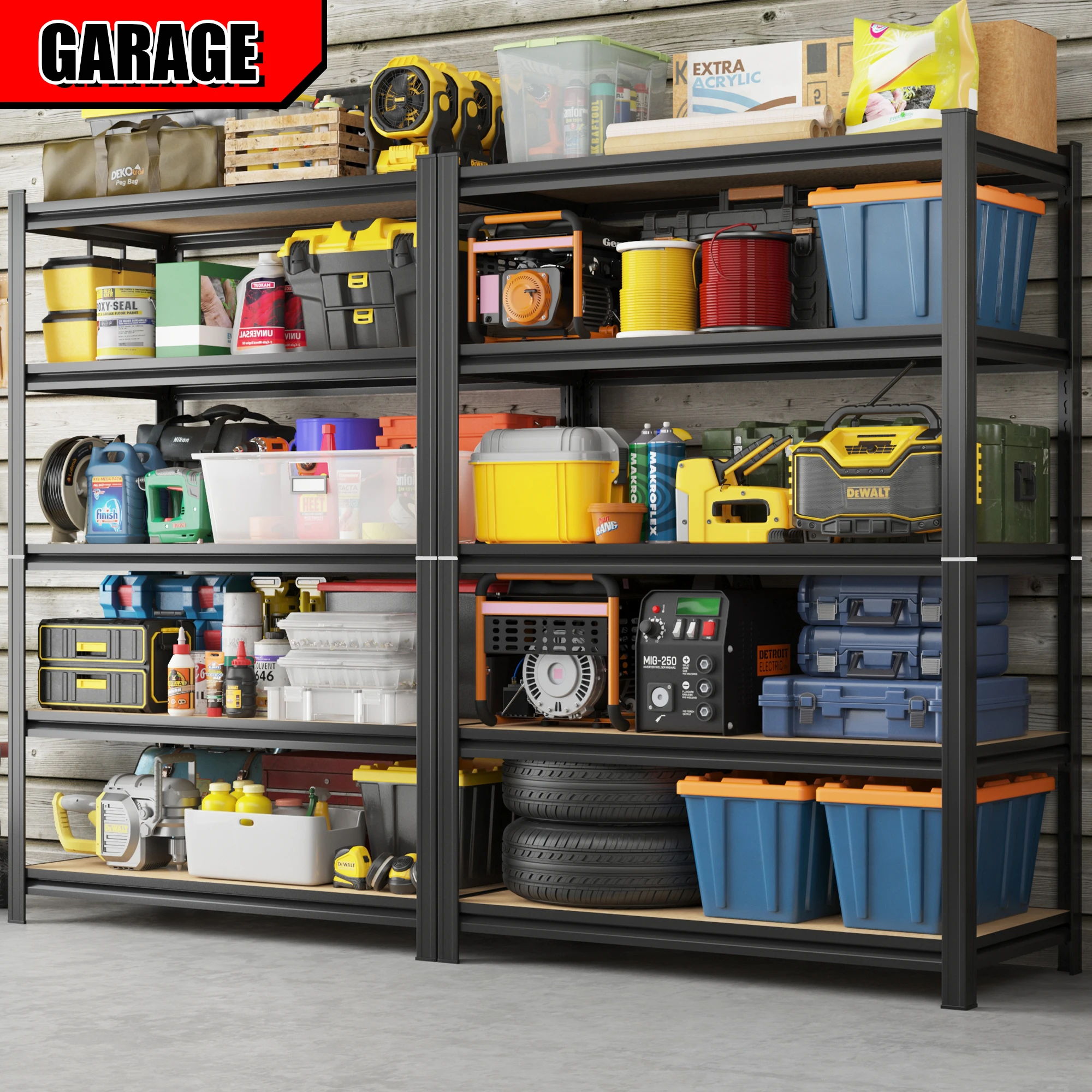 

Garage Racking, 5 level metal garage shelves,Garage tool room Supermarket shelves,Adjustable heavy storage rack,Black