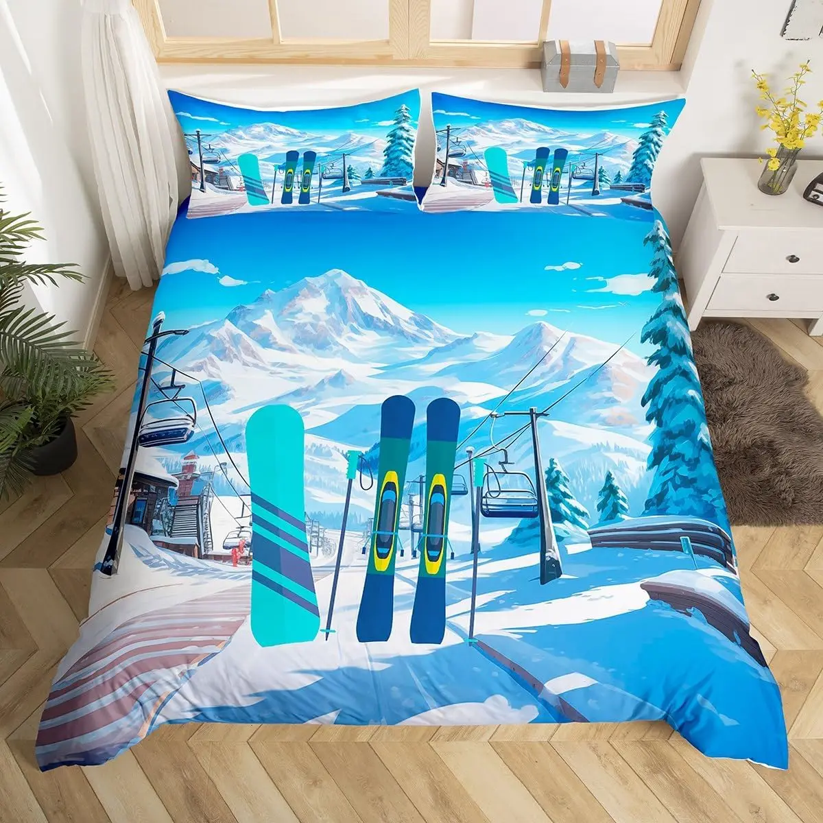 Ski Duvet Cover Set Twin Queen for Boys Girls Winter Extreme Sports Games Bedding Set 2/3Pcs Cartoon Skier Snowboard Quilt Cover