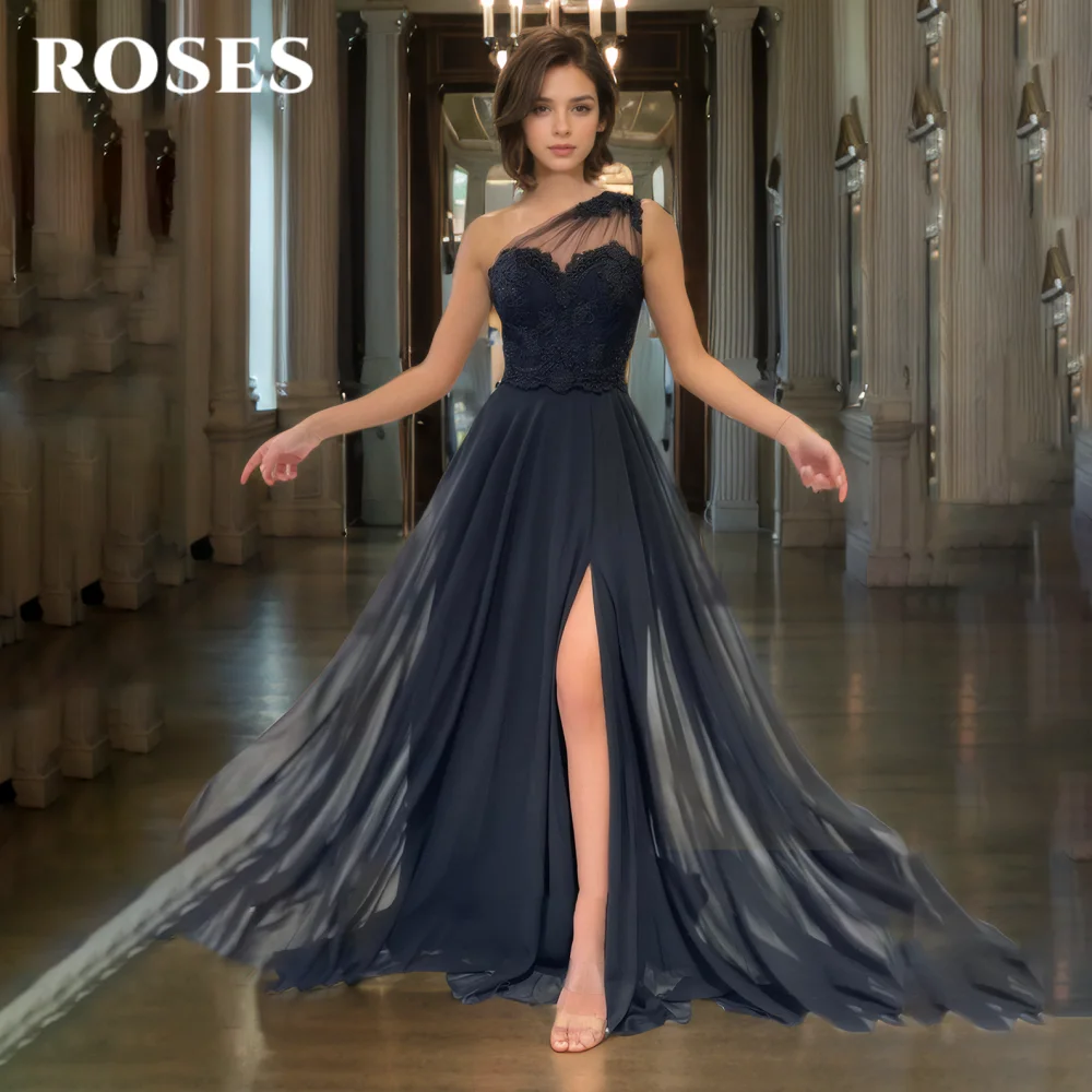 

ROSES Black Elegant Prom Dresses Sweetheart One Shoulder Celebrity Dress Chiffon Applique Side High Split Formal Gown Customized