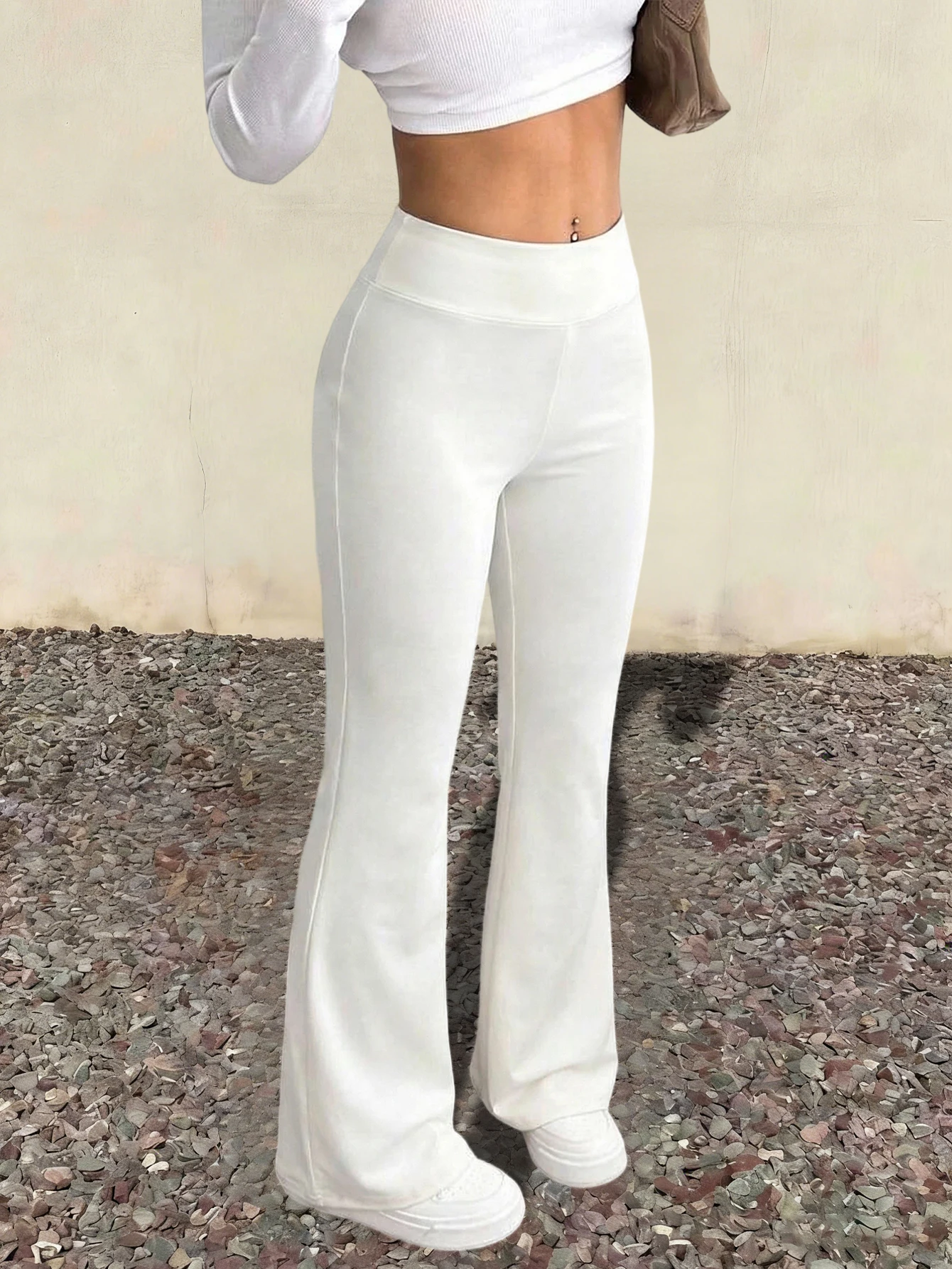 Damen High-Waist Schlaghose Ganzjährig Tragbare Lässige Damenkleidung Einfache Weiße Lange Hose Sport Yoga Fitness Leggings – Detail 5