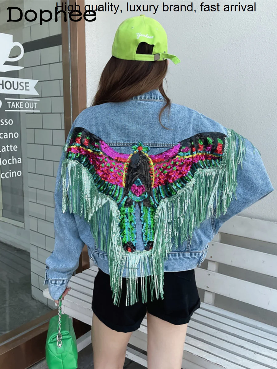 Sequins Heavy Embroidery Tassel Cartoon Eagle Short Denim Jacket Loose Casual Jean Coats 2023 New Spring Autumn Women Clothing