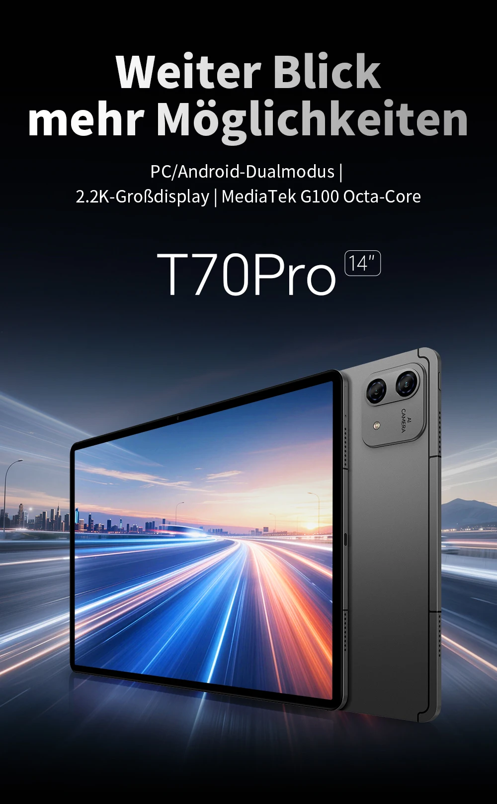 Teclast T70Pro Android 16 Tablet mit Gemini AI, 14 Zoll IPS 2240x1400 Display, G100 Octa-Core, 8GB RAM+40GB erweiterter RAM, 128GB UFS-Speicher, 1TB Micro-SD-Erweiterung, Dual-SIM 4G LTE, 10000mAh Akku, 18W PD-Ladung – Detail 2