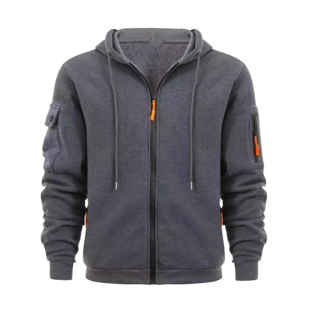 

Men Coat Zip-up Hooded Jacket Drawstring Long Sleeve Hoodie Jacket Solid Color Multi Pockets Plush Lining Thick Warm Outwear