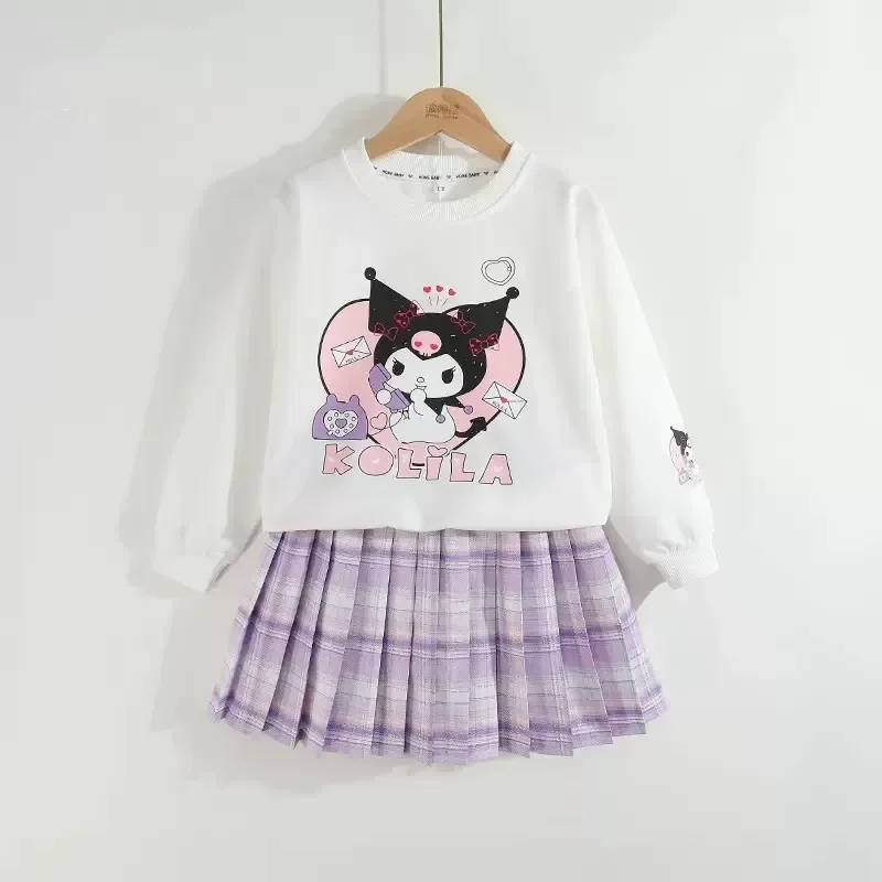 Children Clothes Set Spring Autumn Kids Kuromi Long Sleeved Sweater Tops+Checkered Pleated Skirt 2pce Teen Girls Preppy Clothing