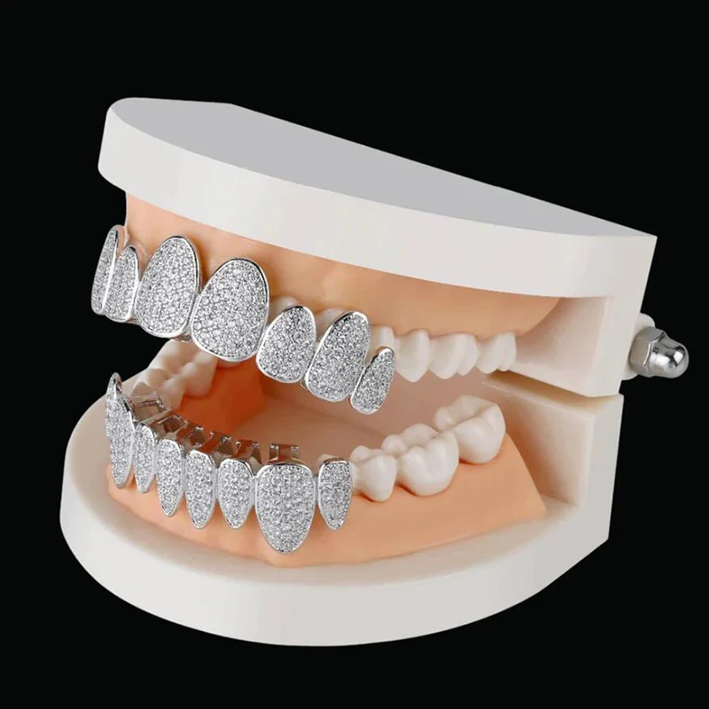 Bubble Letter Punk Teeth Caps Cosplay Style Luxury Grillz Set Iced Out Micro Pave Hip Hop Jewelry