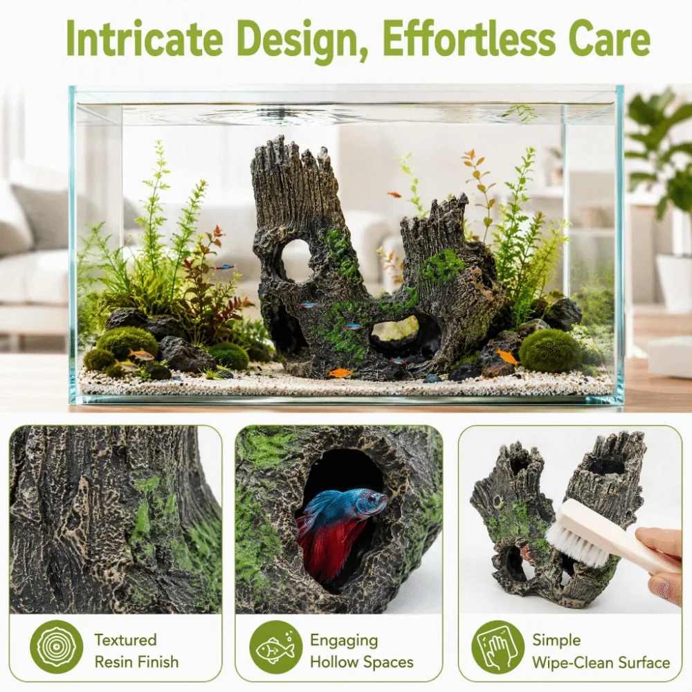 Multi-Cavity Hollow Aquarium Tree Stump Decor Single Molded Resin Textured Surface Fish Tank Cave Ornament Green Color Patches