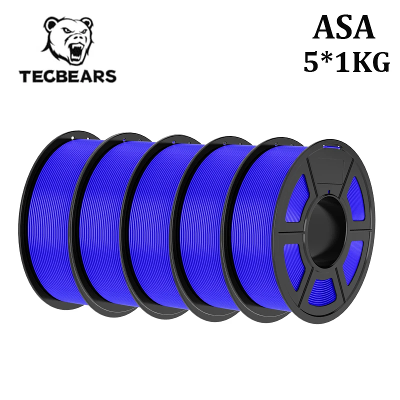 TECBEARS 5KG/5Rolls ASA 3D-printerfilament 1,75 mm UV/regen/hittebestendig, robuust ASA buitenmateriaal voor 3D-printers