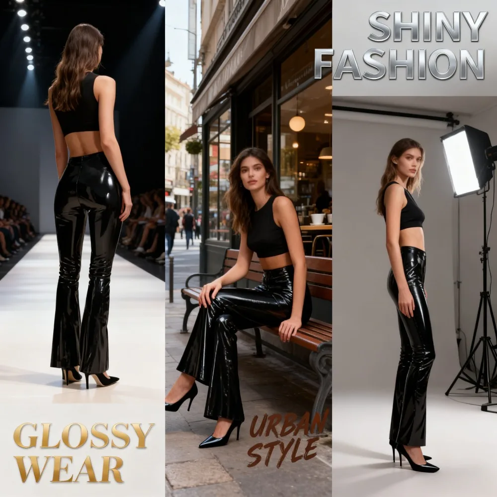 

PU Leather Pants New High Waisted Black Bell Bottom Pants for Women's Bundled Pants Suitable for Party Outing, and Fashion