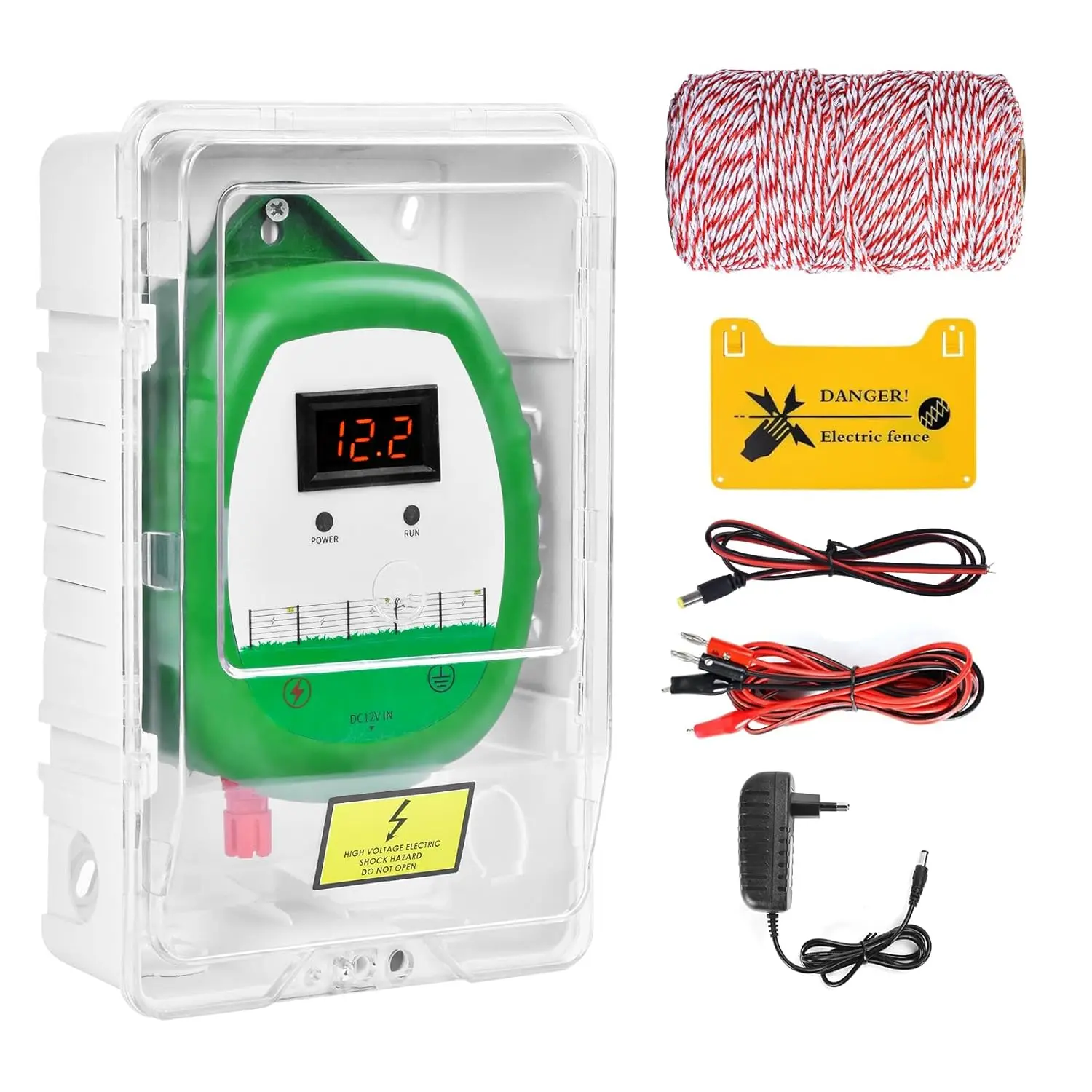 

Электрический забор 10 км, ранчо, экскаватор P12B, европейская версия с цифровым дисплеем 10 кВ с кабелем 200 м, водонепроницаемый чехол, фермерский инструмент