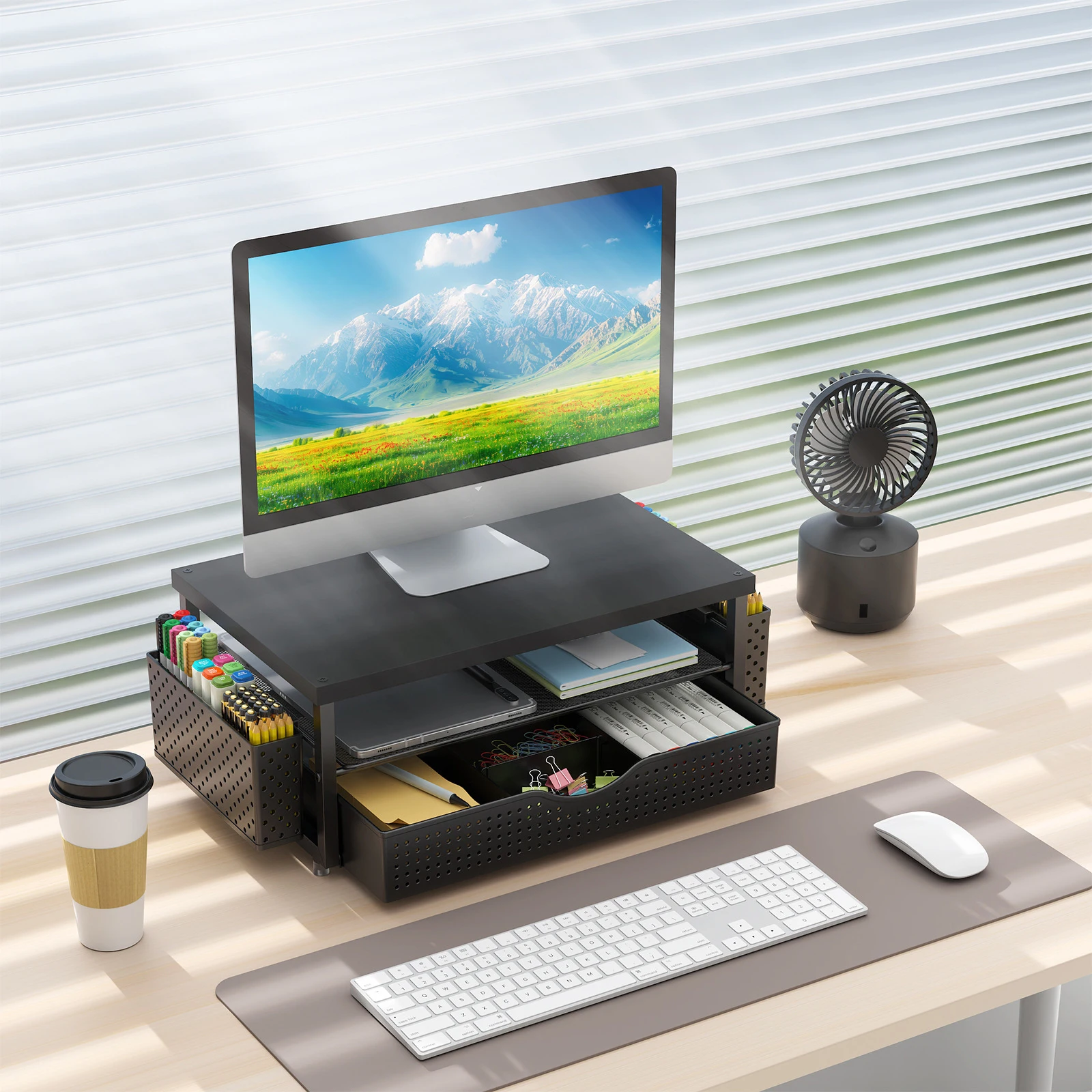 2-Tier Computer Monitor Stand Riser with Drawer and 2 Pen Holders Desk Organizer Computer Stand Office Desk Accessories