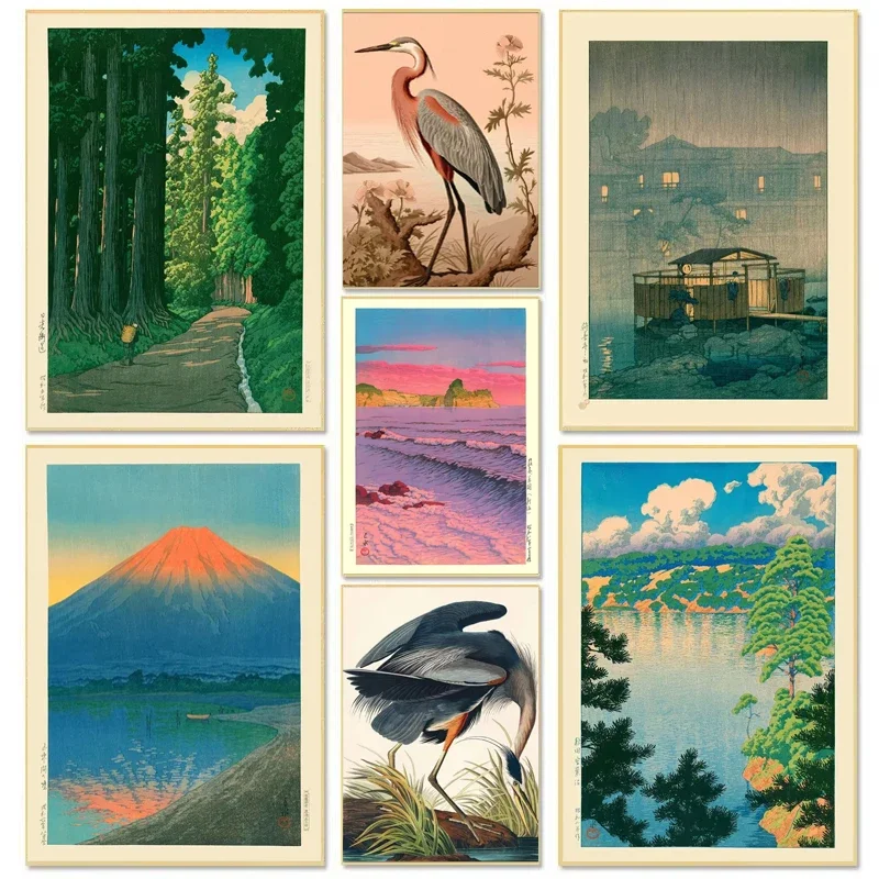 （2D Canvas painting） Japanese Style Mount Fuji Sunset & Sunrise Canvas Mountain Stream, Shady Forest, Wild Crane Frameless Po