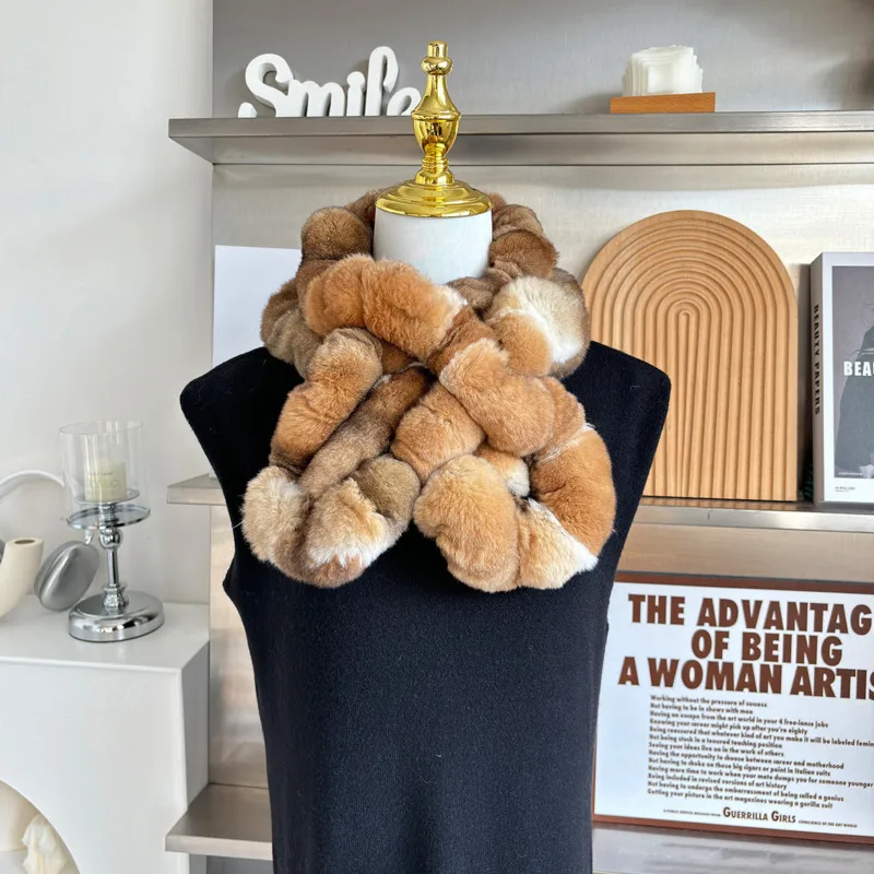 Real Rex Rabbit Fur Scarf With Ruffled Edges Double-Sided Fur Scarf Winter Warm Fur Collar For Coat Jacket Natural Fur Neck Warm
