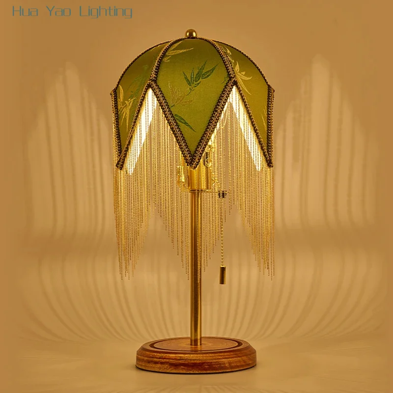 Bedroom Table Lamp Bedside Living Room Home Decor Designer Bed Side Wood Desk Light With Green Fabric Lampshade Fringed Tassels