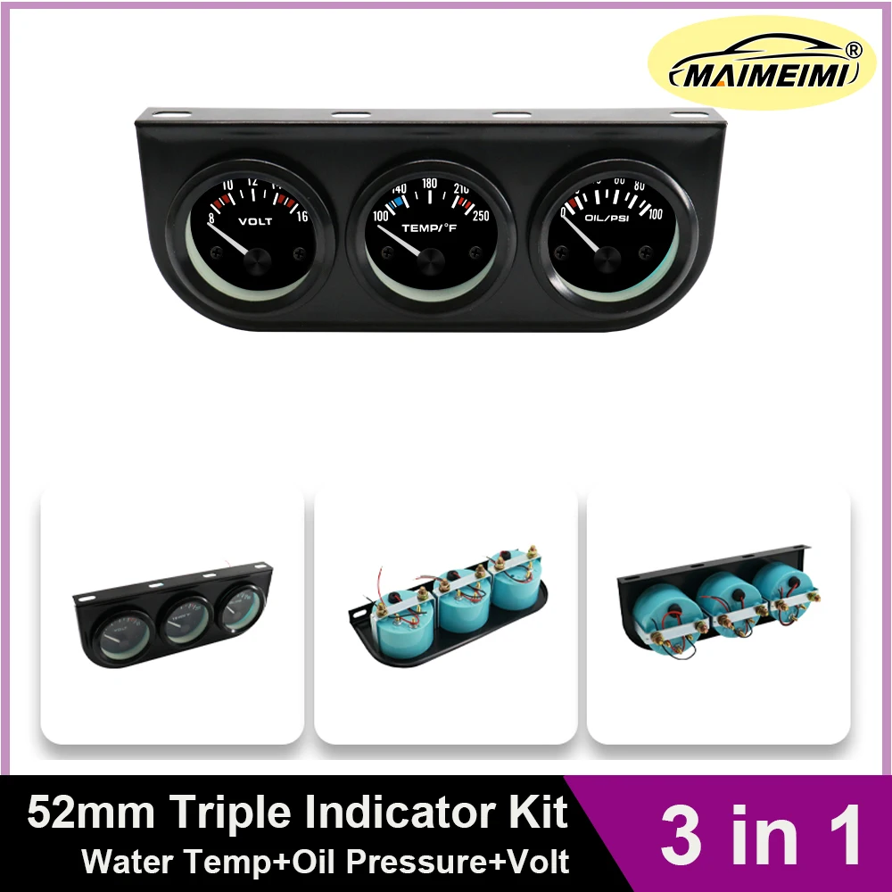 3 In 1 Voltmeter 8-16V 52mm Water Temp Gauge Oil Pressure Triple Mete Kit 52MM fuel auto Black Face With Temp & Pressure Sensor
