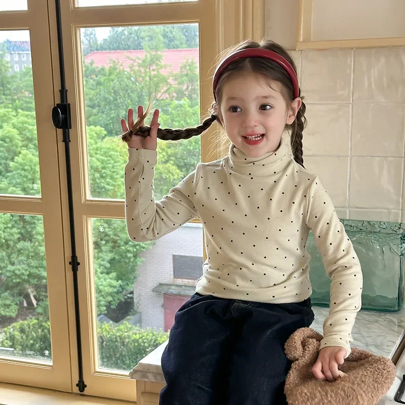 Girls Blouse 2024 Winter New Childrens Clothes Korean Style Baby Girl Wave Point Turtleneck Base Shirt Casual Simple Daily