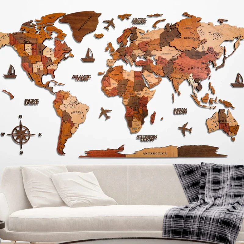 Nordic 3D Solid Wood World Map Wall Decorative Creative Wall Stickers Office