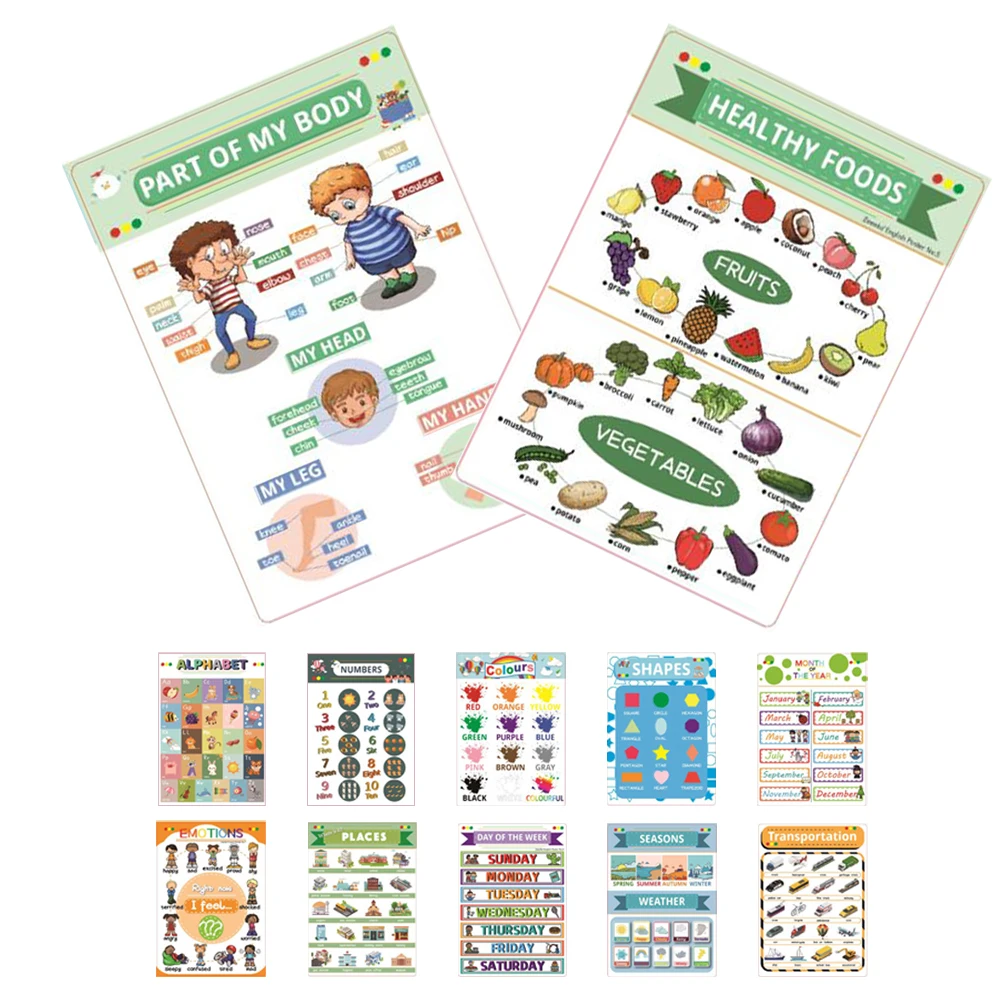 12 Sheets English Learning Posters Cognitive Shapes Educational Tools Kids Accessories Bright Colors Cartoon Patterns