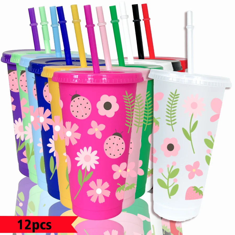 12pcs-set-flowers-ladybug-patterns-26oz-colored-plastic-party-cold-cups-birthday-gifts-for-back-to-school-gameday-drinkware