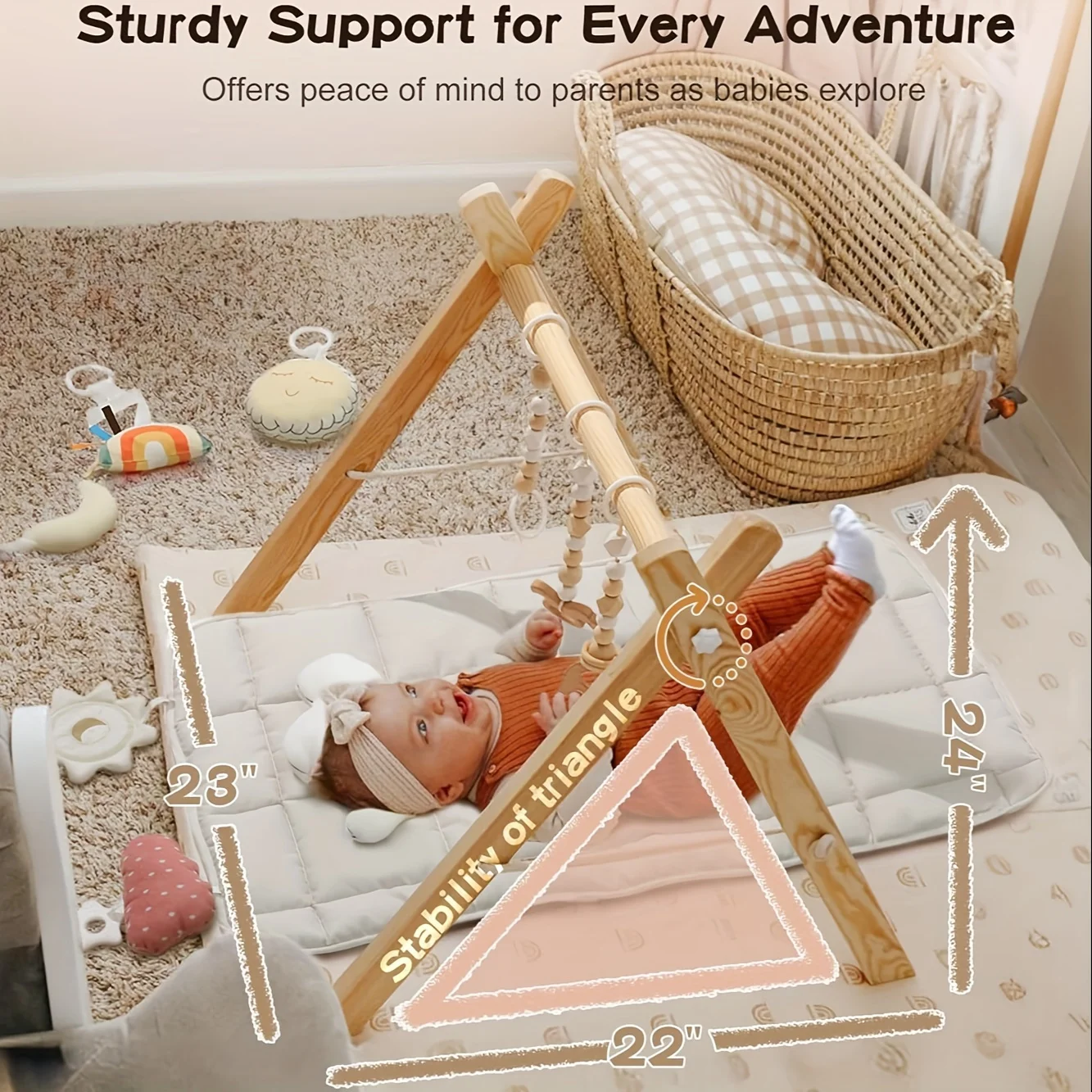 Houten speelgymnastiek met 9 zintuiglijke speelgoed, opvouwbare babyspeelgymnastiek met mat, frame-activiteitencentrum, natuurlijk grenenhout, Montessori-speelgoed