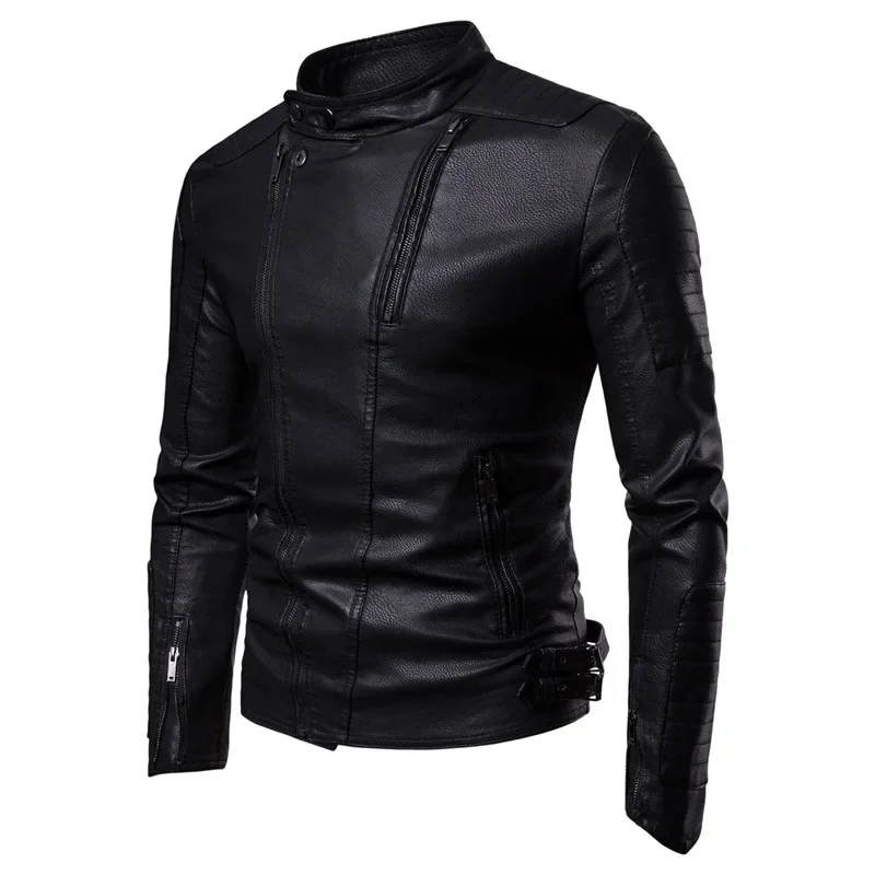 Oblique Pull Motorcycle Leather Jacket Men Autumn Winter New Fleece-Lined Thickening Trendy Casual Leather Clothing Coat