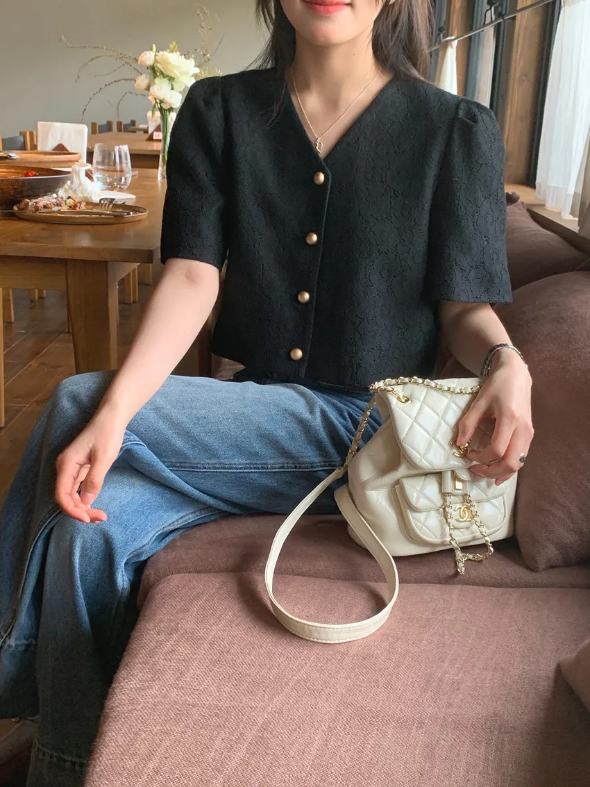 Chic Summer Retro Fragrant V-Neck Single Breasted Lace Hook Flower Versatile Bubble Sleeve Coat Women Jackets