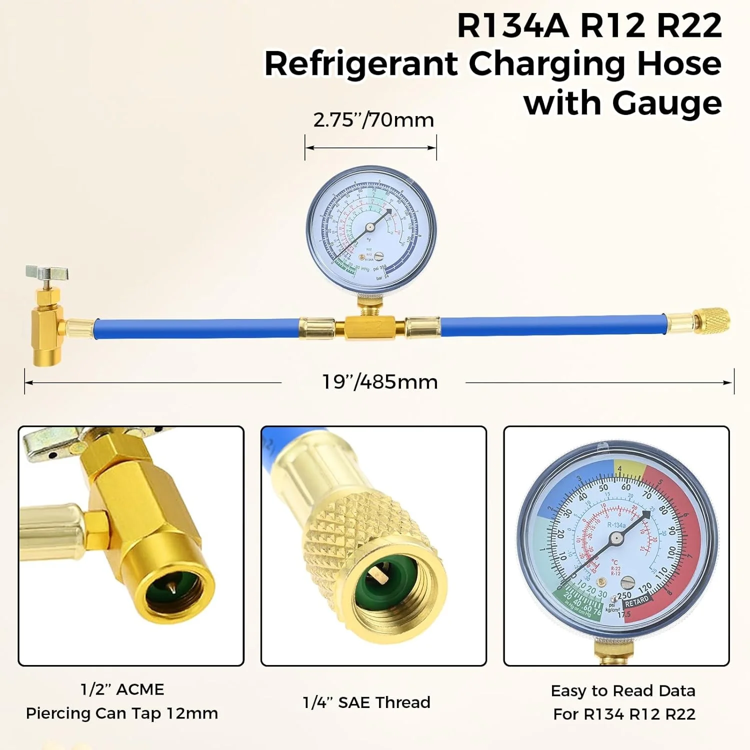 Refrigerant Charging Hose kit Gauge,BPV31 Piercing Tap Valve,R134A Low Side Quick Coupler,Adapter 5/16''SAE Female to 1/4'' Male
