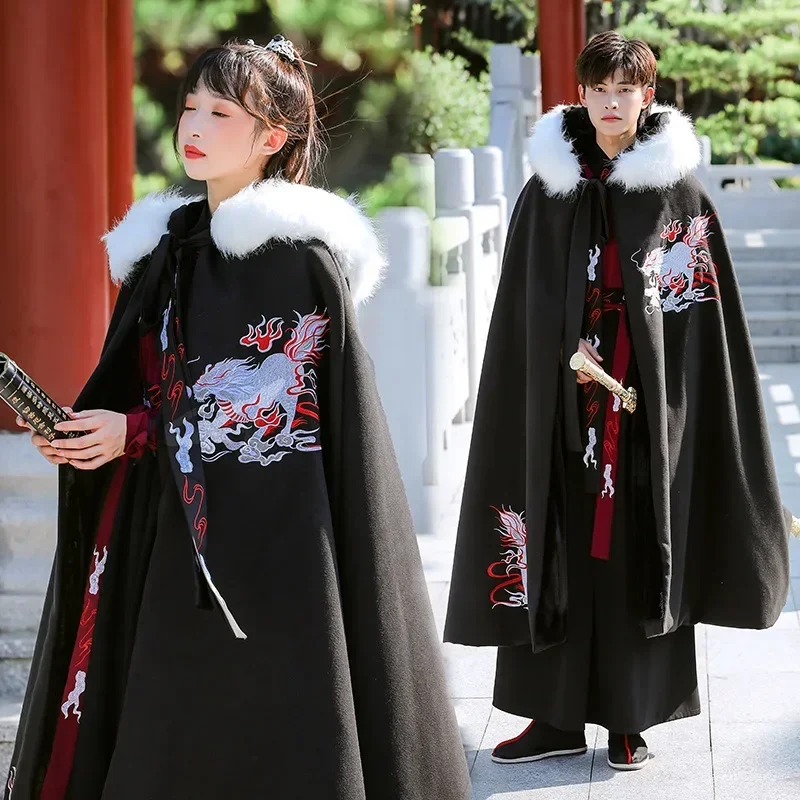 Chinese style Winter New Women's Hanfu Daily Han Elements Retro Men's Hanfu Cape Black Long Style Fleece Lined And Thicken