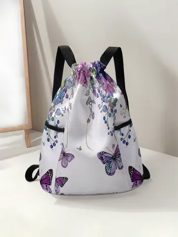 Mochila con cordón estampado con patrón de mariposa: bolsa de fitness duradera de gran capacidad, mochila deportiva de playa
