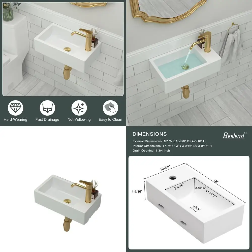 

10 Wall-Mounted White Porcelain Sink with Single Faucet Hole for Small Bathroom Spaces