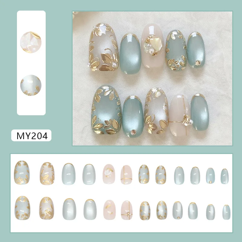 24pcs Press on Nails Green Grape Cat's Eye Gilded Flower Pearl Full Coverage Nail Tips for Women&Girl Removable Wearable Nail