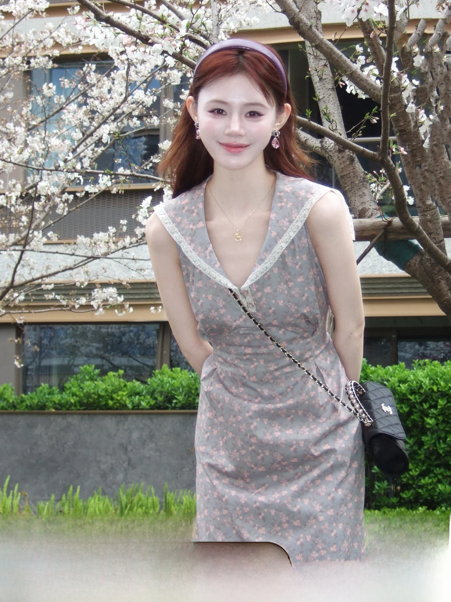

Vintage Floral Print Maxi Dress 100% Cotton Waist Cinched Beautiful Navy Collar Women's Summer Dress Soft Comfortable Fit