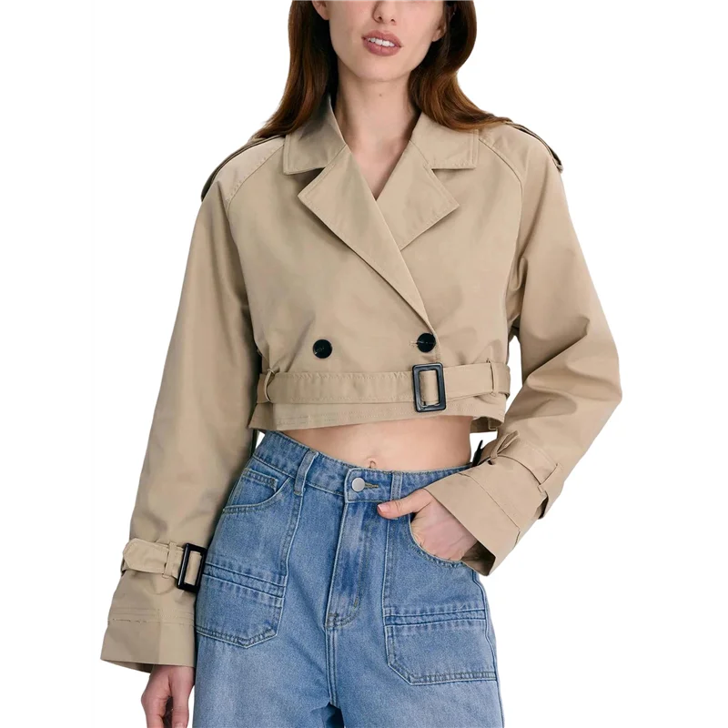 

ABZL Womens Cropped Bike Jacket Casual Double Breasted Trench Coat With Belt