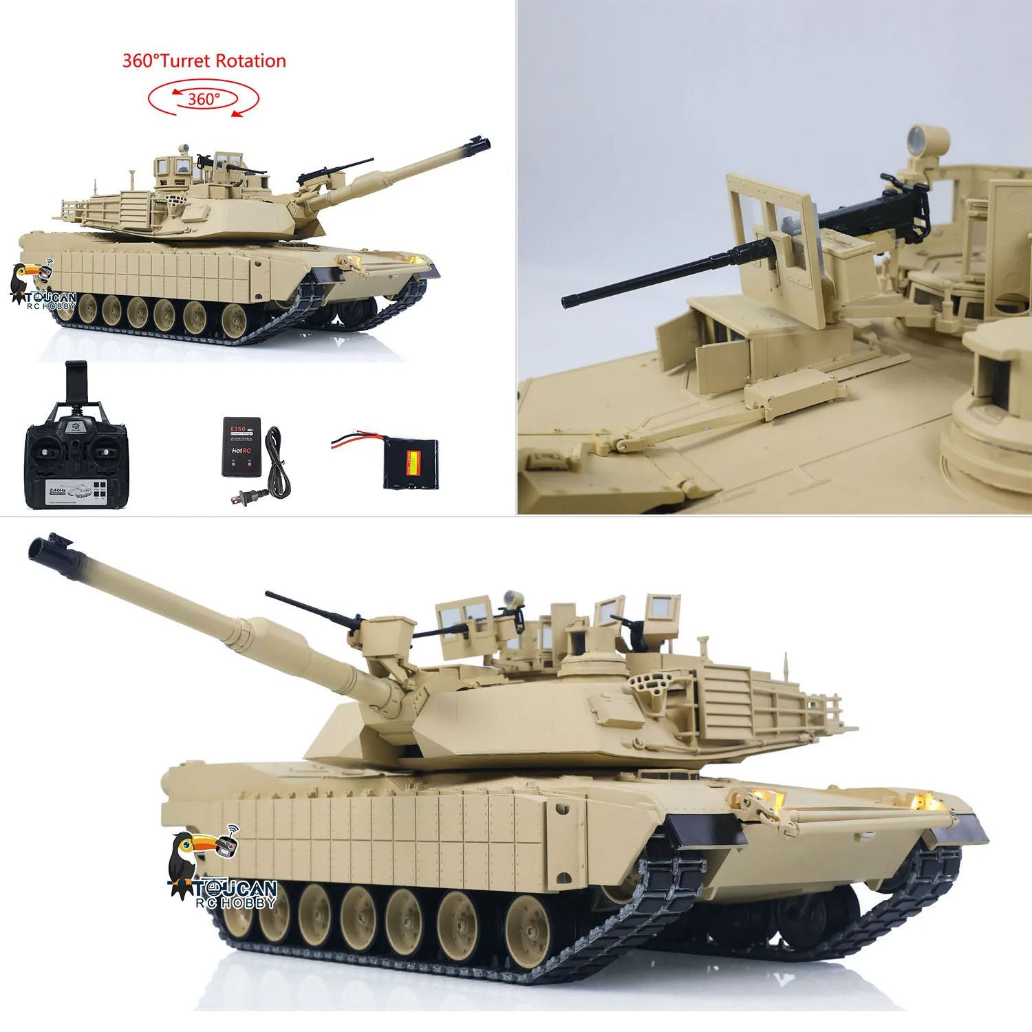 รถถังบังคับวิทยุโลหะ 1/16 รุ่น M1A2 Abrams ระบบขับเคลื่อนด้วยไฟฟ้าคู่ พร้อมระบบ IR กล่องเกียร์แบบขับเคลื่อนสองระบบ กระบอกปืนแบบมีแรงดันกลับ ปรับระดับความสูงได้ หมุนป้อมปืนได้ 360 องศา พร้อมควัน รุ่น RTR ยี่ห้อ TOUCAN
