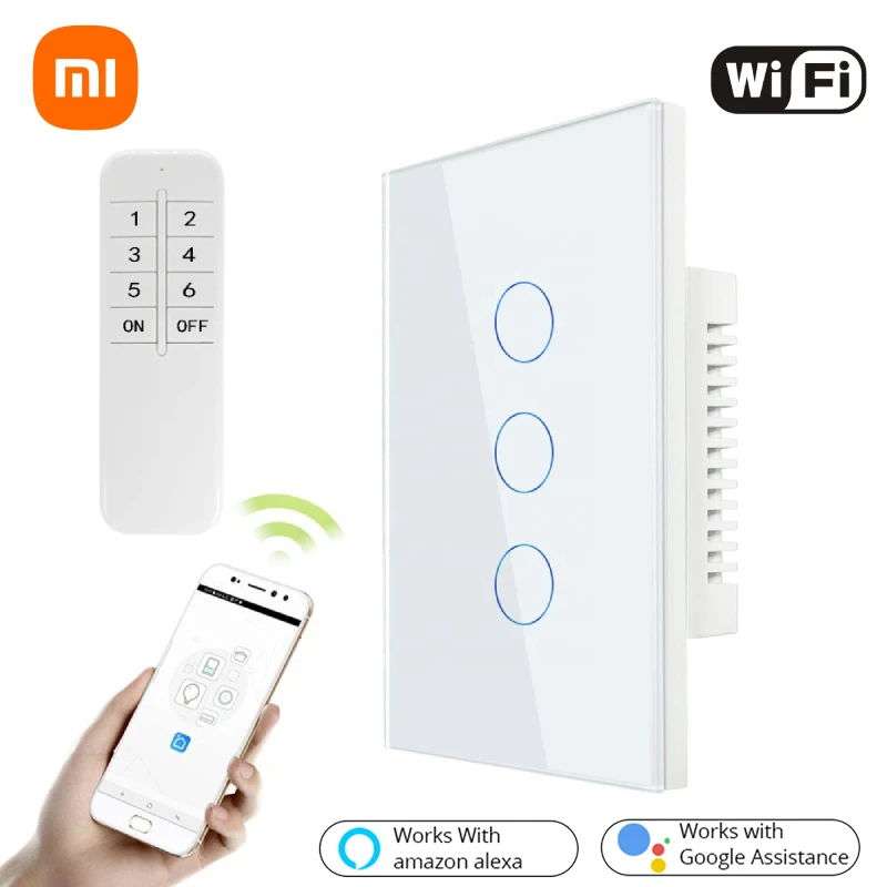 

Умный выключатель Xiaomi Wi-Fi для США, переключатель с 1/2/3 клавишами, нулевой провод, работает с приложением Alexa Google Home