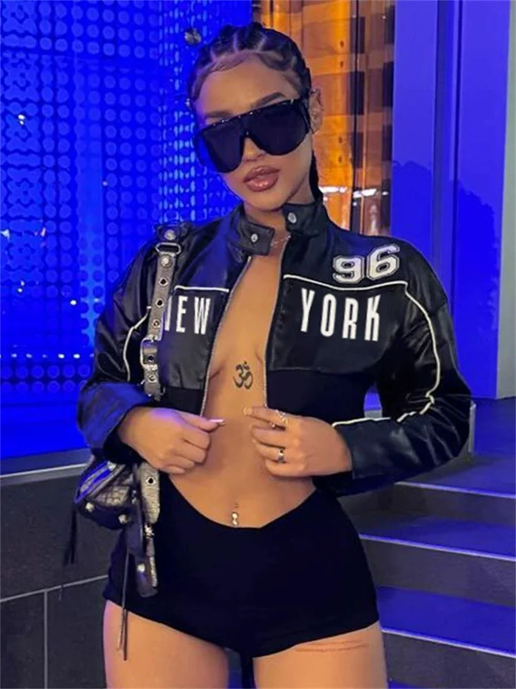 

2026 Women's Letter PU Patchwork Women Coats New Button Zip-up Full Sleeve Crop Jackets Trend Cool Street Outwear Spring New