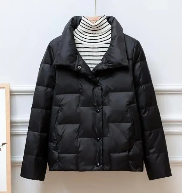 Stylish woman's black white winter warm lapel single breasted down coat Jacket