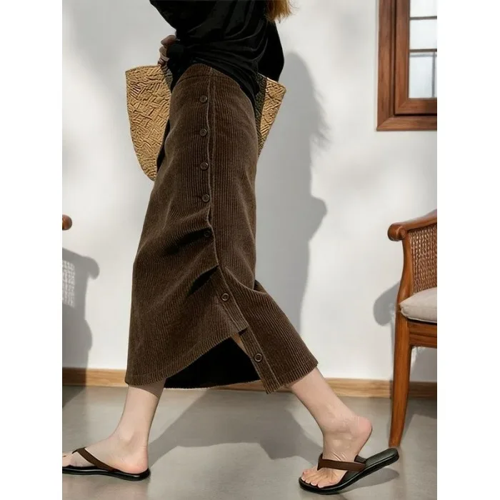 Retro High Waist Brown Asymmetrical Buttoned Corduroy Skirt Women's Fashionable Elegant Style Polyester Fiber Non-Fleece
